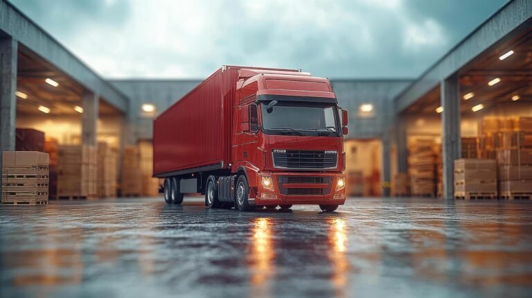 red truck parked in warehouse with pallets in background showcasing industrial logistics free photo